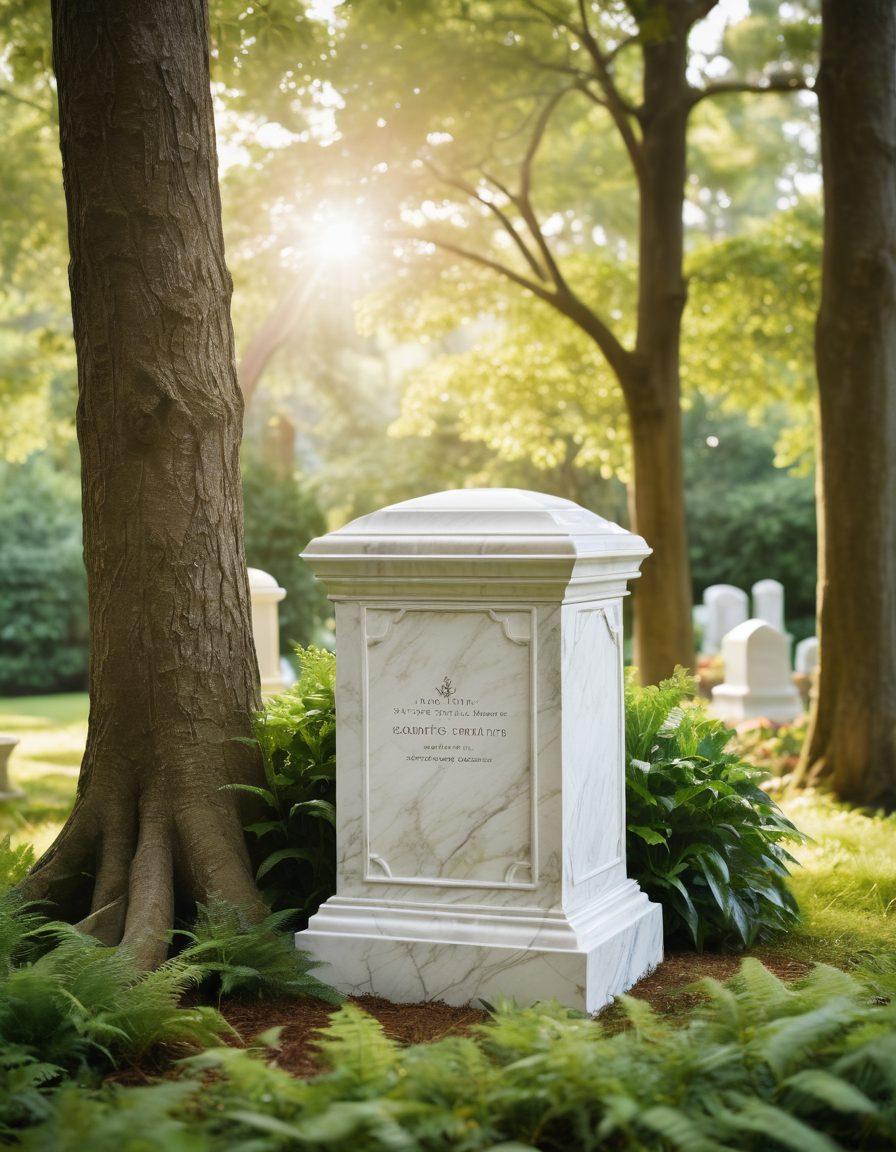 An ethereal forest setting showcasing two contrasting burial options: a simple, eco-friendly biodegradable urn surrounded by lush greenery, and an ornate, luxurious burial plot with a beautifully crafted marble tombstone and floral arrangements. Soft sunlight filtering through the trees creates a serene ambiance. Harmony between nature and elegance is emphasized. super-realistic. vibrant colors. tranquil background.