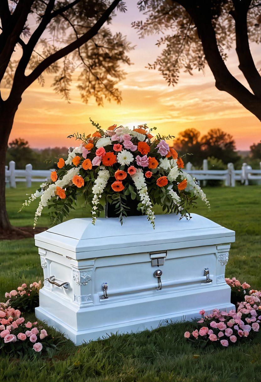 A serene and peaceful scene depicting a beautifully crafted, personalized casket surrounded by vibrant flowers and soft, warm lighting. The background features a gentle sunset and a silhouette of a tree symbolizing life and remembrance. Include elements that convey love, individuality, and a celebration of life. super-realistic. soft pastels. warm tones.