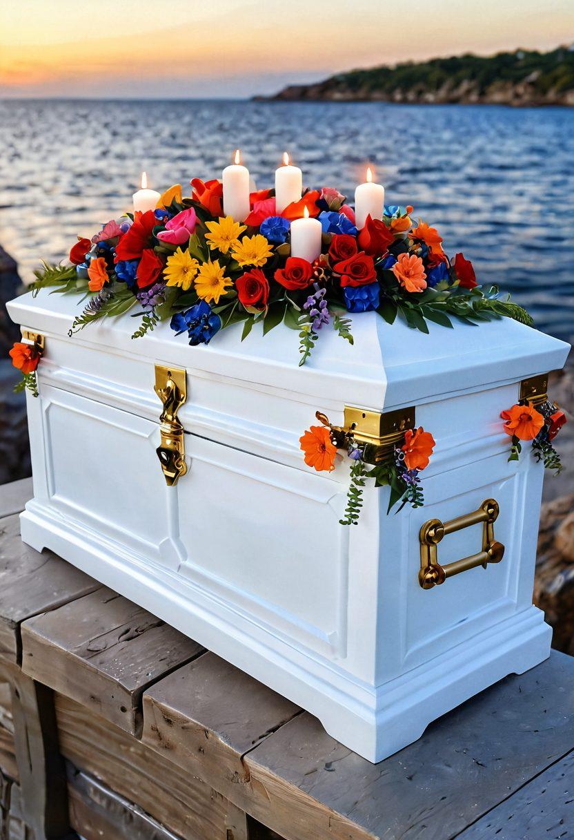 An elegant display of unique, artistic caskets representing various life journeys - one adorned with vibrant flowers, another featuring nautical themes, and yet another with serene landscapes. Surrounding them are soft glowing candles and meaningful keepsakes symbolizing memories. The setting is peaceful and reflective, evoking a sense of celebration of life and individuality. super-realistic. warm tones. serene atmosphere.
